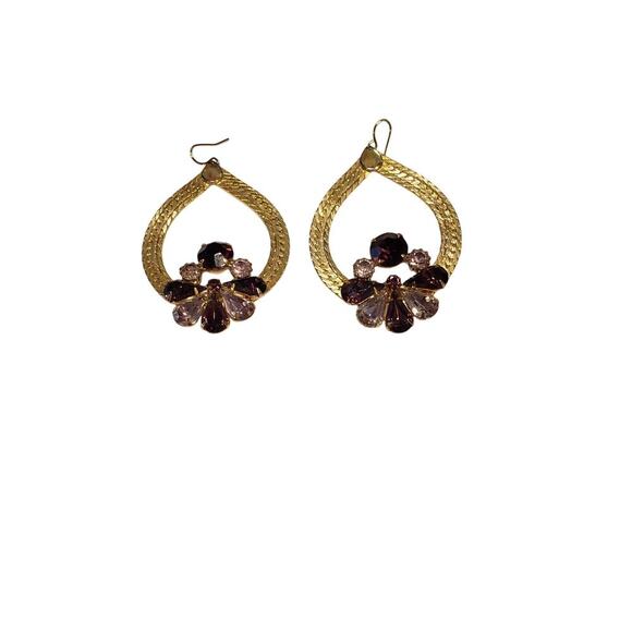 Vintage Gold Tone Dangle Earrings Teardrop Chain Purple Rhinestone Floral - Picture 5 of 9